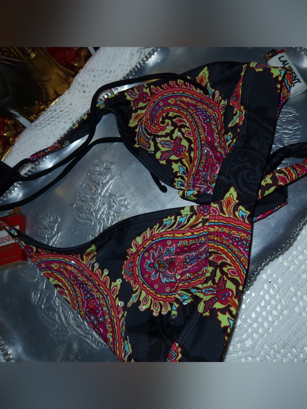 Y2K Faded Glory Black Bikini Top with Pink Paisley Print and sequins
